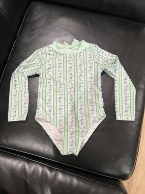 Long Sleeve Floral Stripe One-Piece Swimsuit in Pale Green & White